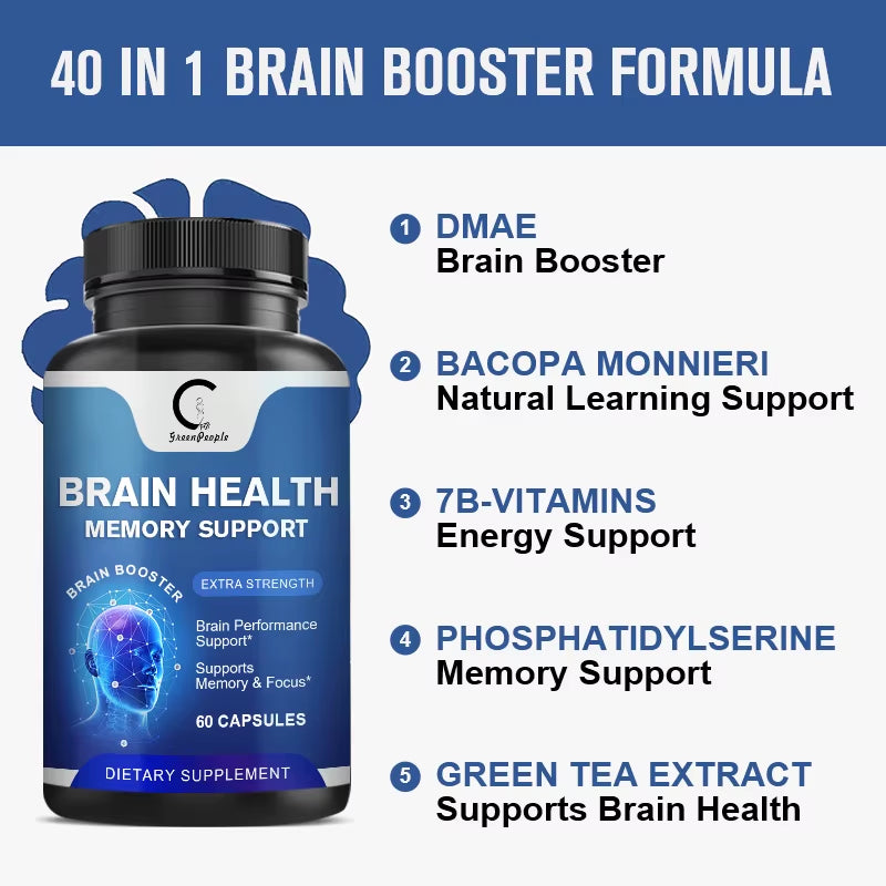 GPGP Greenpeople 60Pc Brain Health Capsule for Concentration Brain Booster Focus Memory Clarity Pill Vitamin B6 Brain Supplement